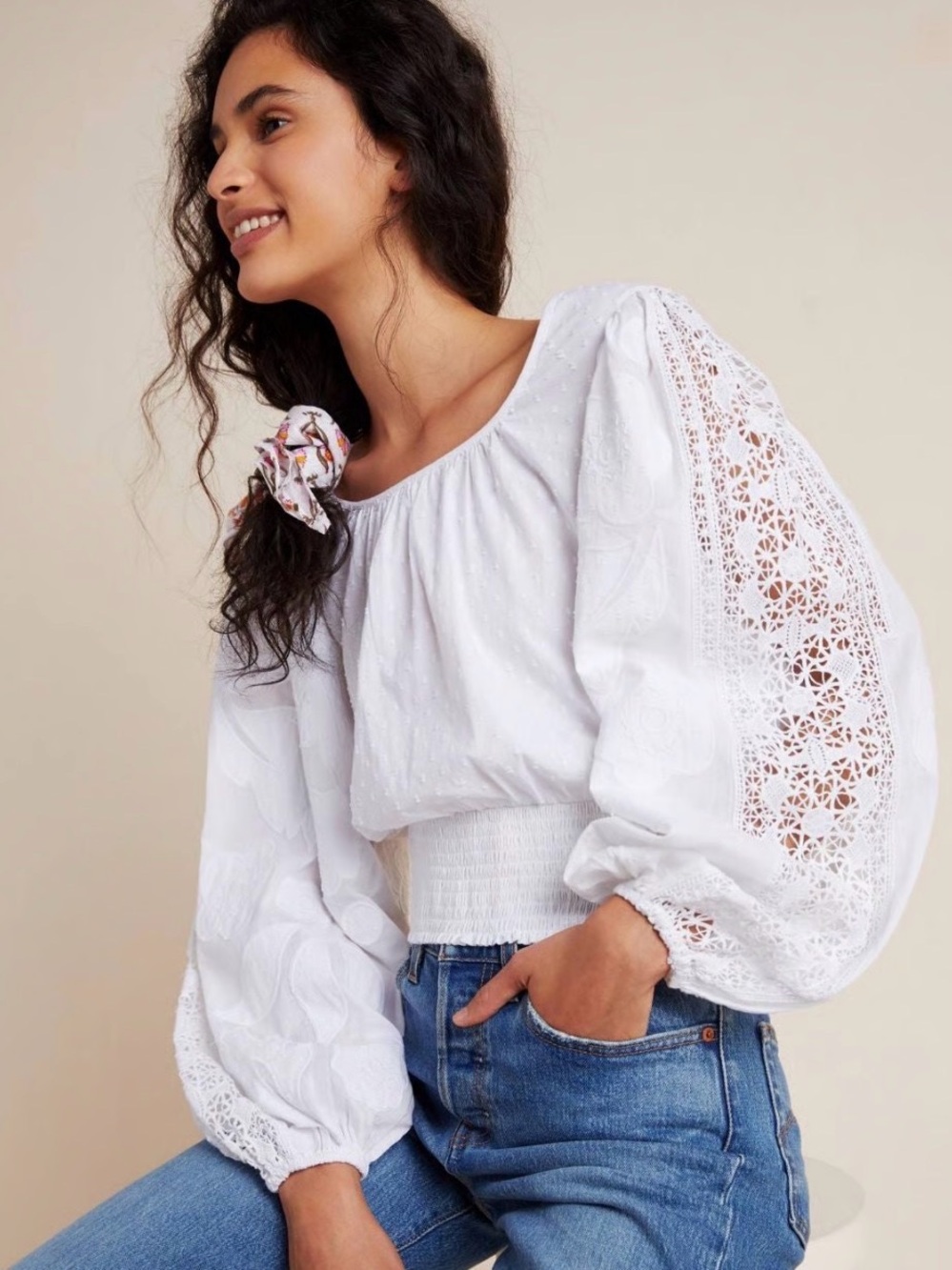 NWT Maeve Anthropologie White Lace Balloon-Sleeve Peasant Top XS
